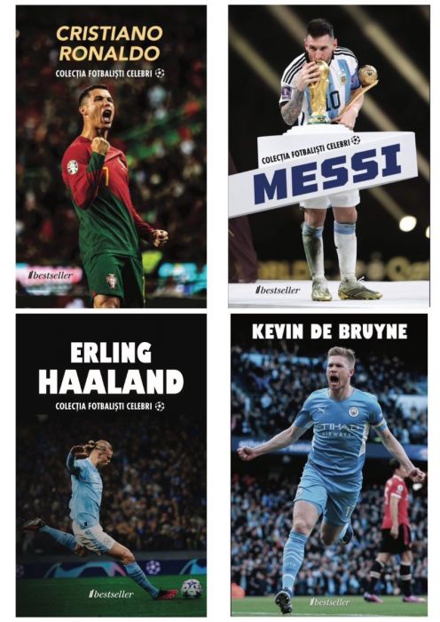 Set Top 4 Cărți Colecția Fotbaliști Celebri: Cristiano Ronaldo, Lionel Messi, Kevin De Bruyne şi Erling Haaland